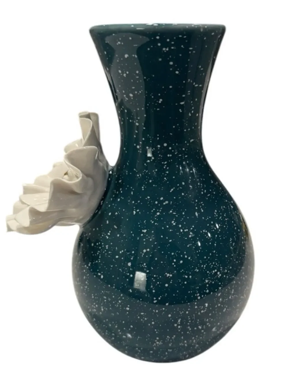 Anthropologie Speckled Dark Teal Vase With Large 3D White Flower 8 Inches Tall